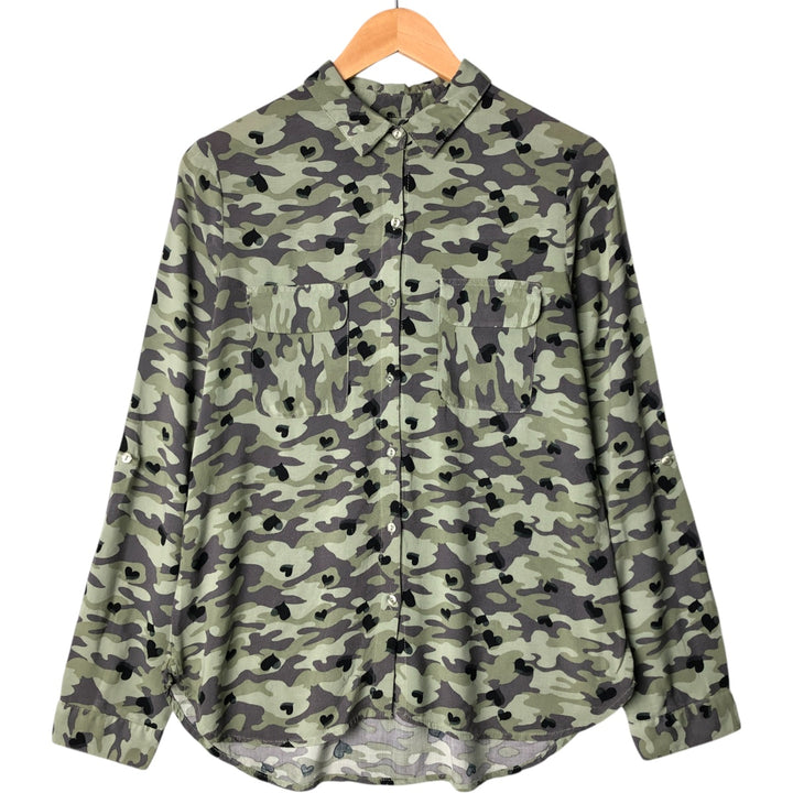 Camouflage Woodland Camo Heart Pattern Long Sleeve Shirt, Women's Size Medium unclear Khaki type Vintage Second Hand