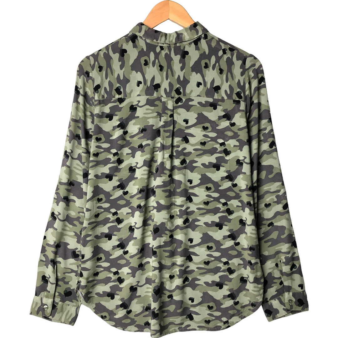 Camouflage Woodland Camo Heart Pattern Long Sleeve Shirt, Women's Size Medium unclear Khaki type Vintage Second Hand