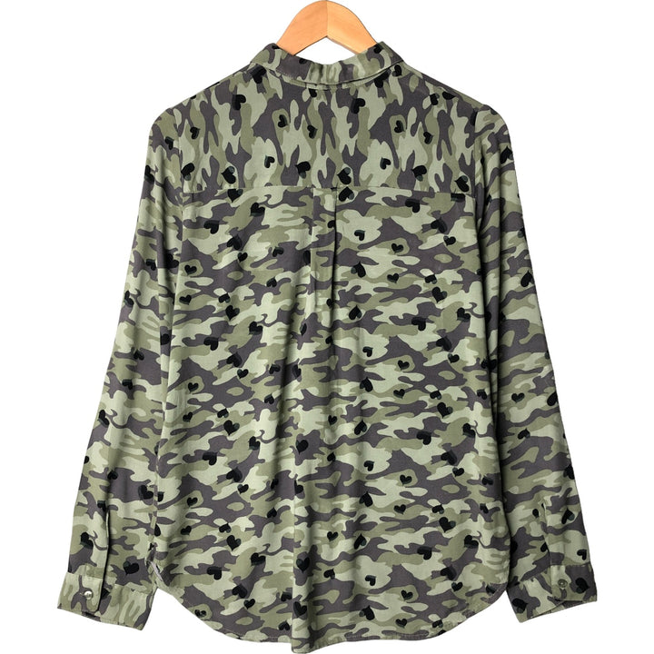 Camouflage Woodland Camo Heart Pattern Long Sleeve Shirt, Women's Size Medium unclear Khaki type Vintage Second Hand