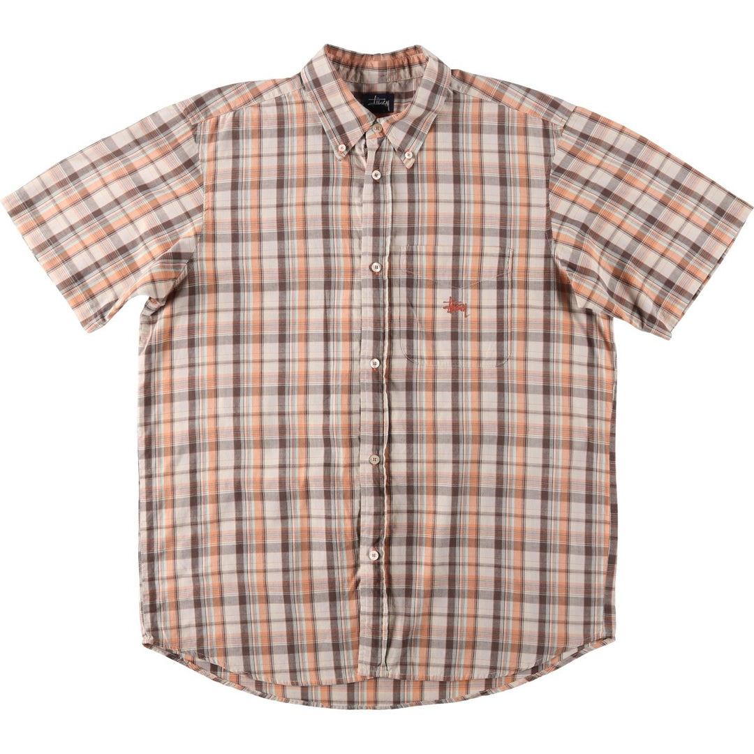 90'S Stussy Short-Sleeve Button-Down Check Shirt, Made in USA, Men's Size L (Equivalent), Vintage cotton Beige type Vintage Second Hand