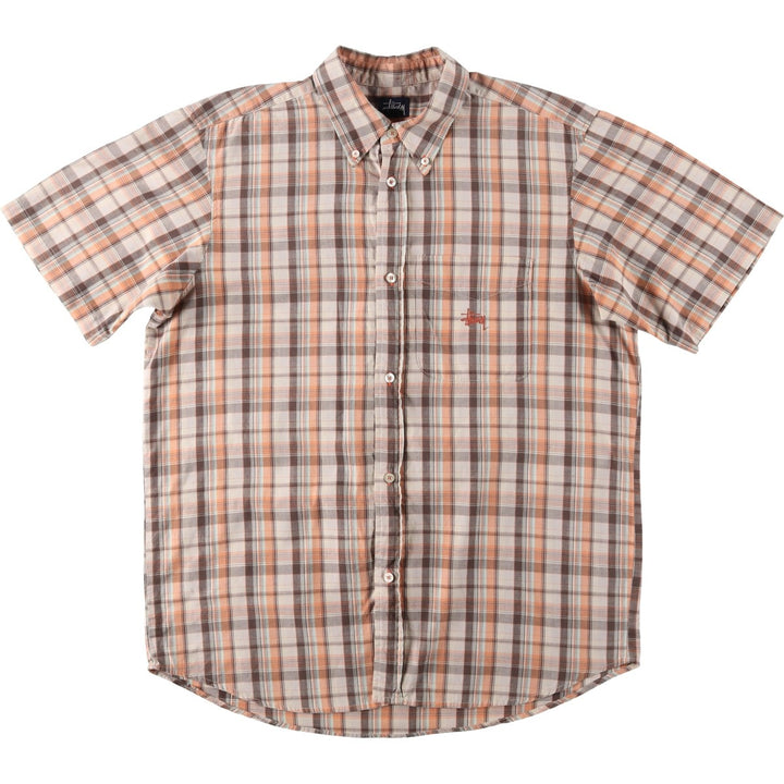 90'S Stussy Short-Sleeve Button-Down Check Shirt, Made in USA, Men's Size L (Equivalent), Vintage cotton Beige type Vintage Second Hand