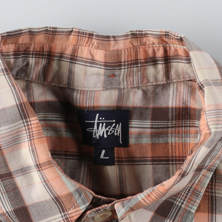 90'S Stussy Short-Sleeve Button-Down Check Shirt, Made in USA, Men's Size L (Equivalent), Vintage cotton Beige type Vintage Second Hand