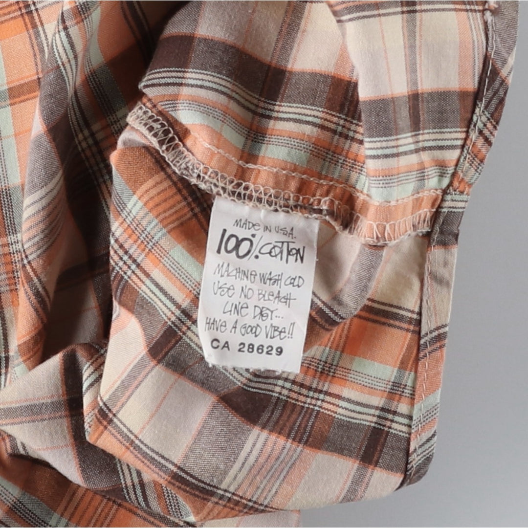 90'S Stussy Short-Sleeve Button-Down Check Shirt, Made in USA, Men's Size L (Equivalent), Vintage cotton Beige type Vintage Second Hand
