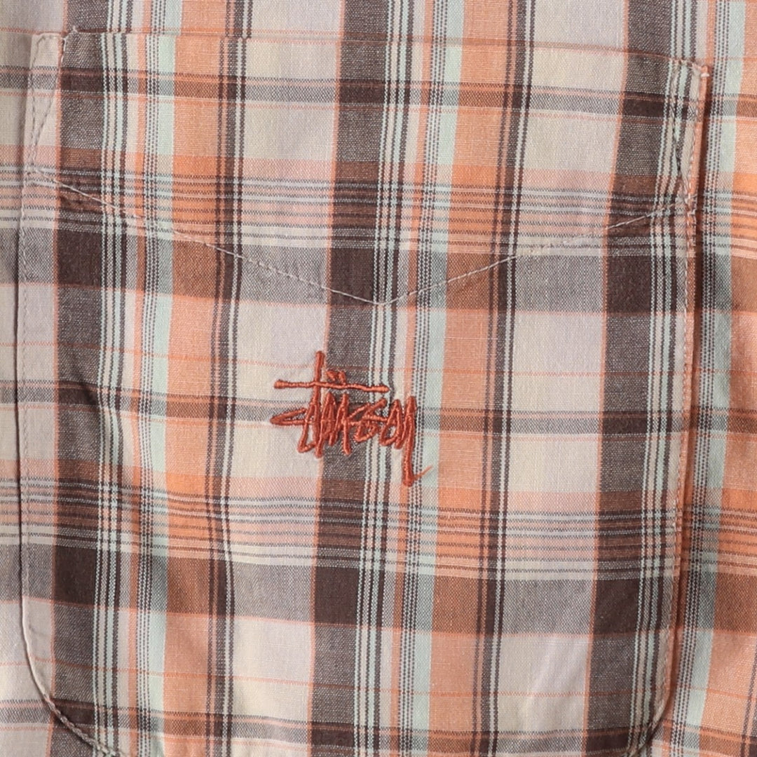 90'S Stussy Short-Sleeve Button-Down Check Shirt, Made in USA, Men's Size L (Equivalent), Vintage cotton Beige type Vintage Second Hand