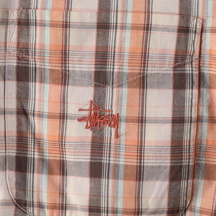 90'S Stussy Short-Sleeve Button-Down Check Shirt, Made in USA, Men's Size L (Equivalent), Vintage cotton Beige type Vintage Second Hand