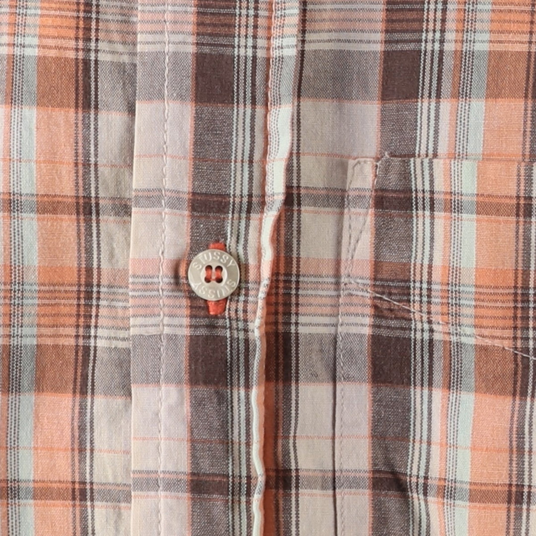 90'S Stussy Short-Sleeve Button-Down Check Shirt, Made in USA, Men's Size L (Equivalent), Vintage cotton Beige type Vintage Second Hand