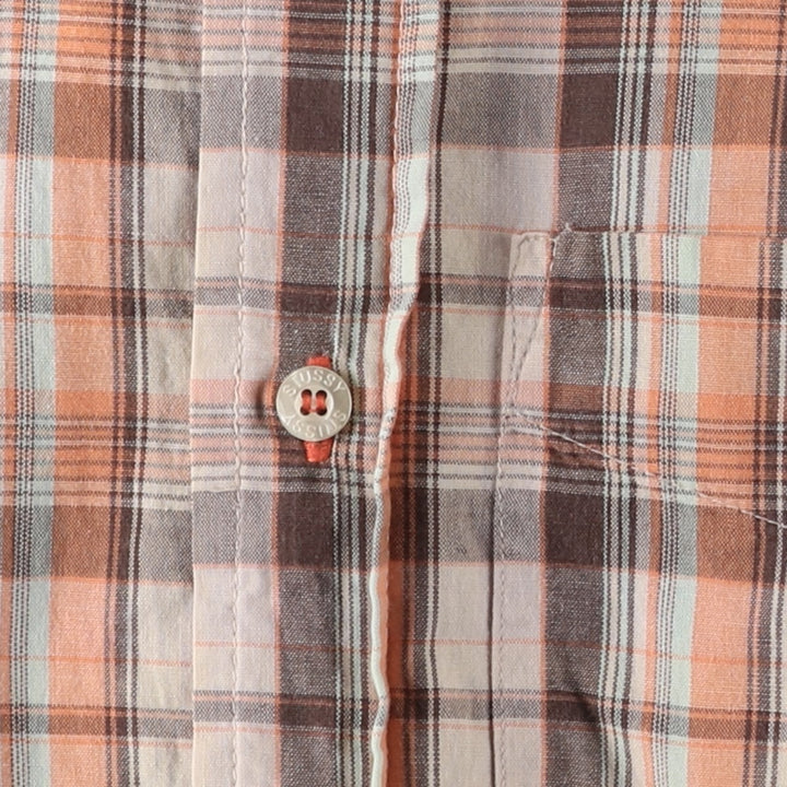 90'S Stussy Short-Sleeve Button-Down Check Shirt, Made in USA, Men's Size L (Equivalent), Vintage cotton Beige type Vintage Second Hand