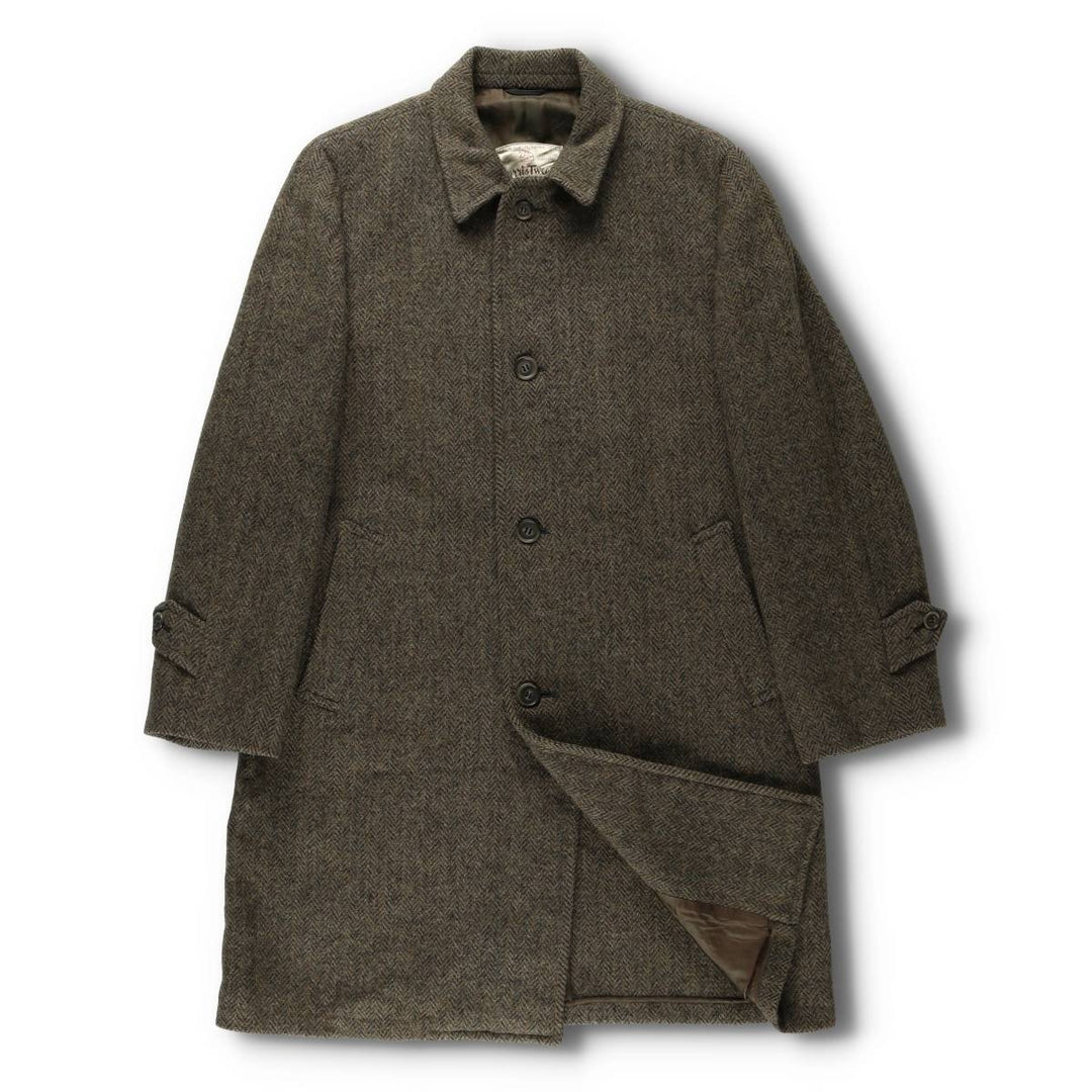 Vintage 1970'S Harris Tweed wool long coat, herringbone pattern, made in Scotland, men's size L wool brown type Vintage Second Hand