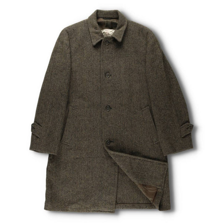 Vintage 1970'S Harris Tweed wool long coat, herringbone pattern, made in Scotland, men's size L wool brown type Vintage Second Hand