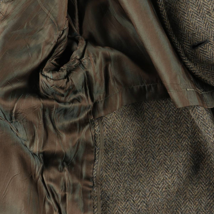 Vintage 1970'S Harris Tweed wool long coat, herringbone pattern, made in Scotland, men's size L wool brown type Vintage Second Hand