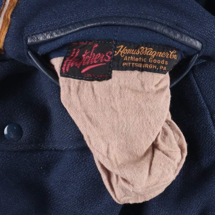 1970'S Hatchers Honus Wagner Athletic Goods Leather Sleeve Wool Button Varsity Jacket, Men's Size Medium unclear navy blue type Vintage Second Hand