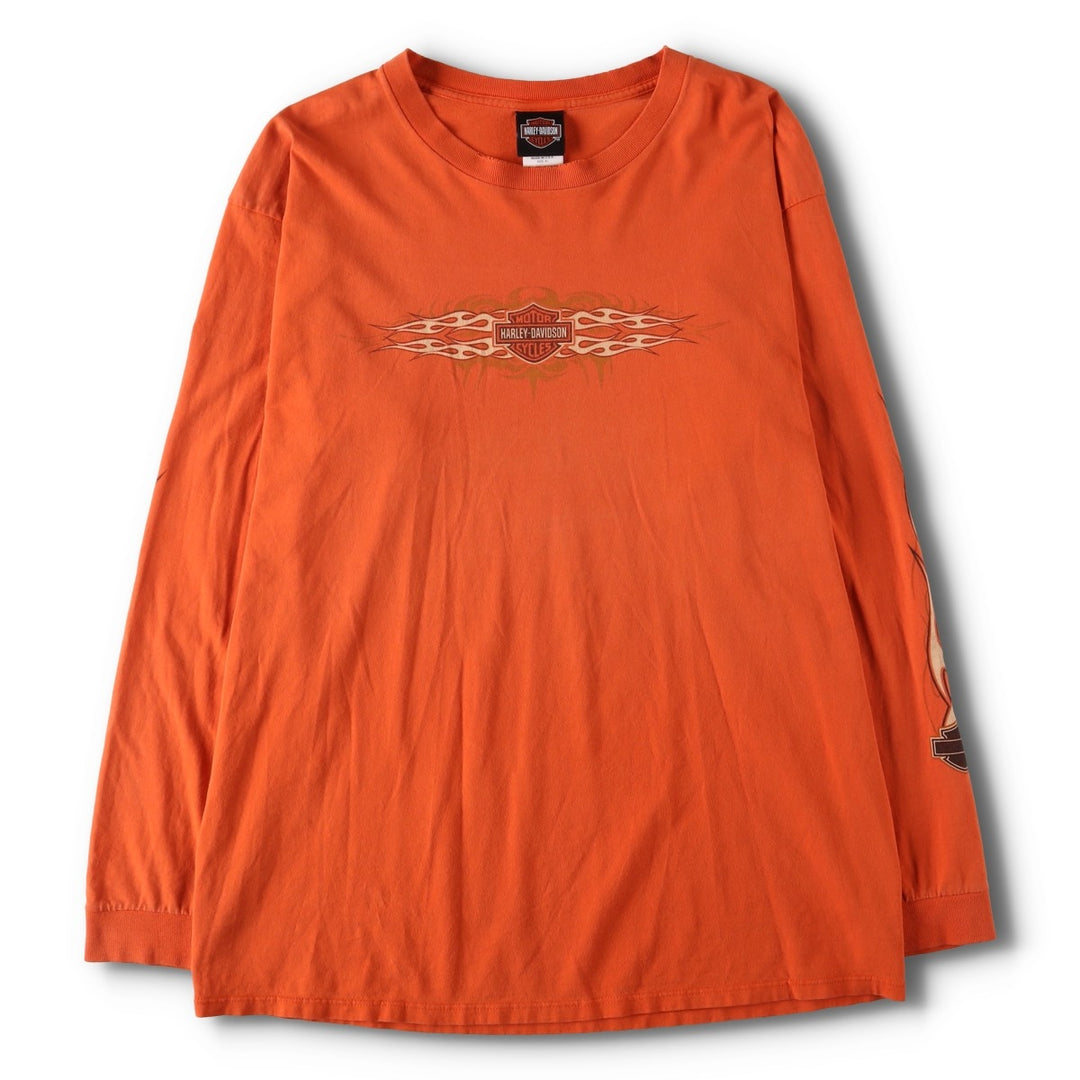 2000'S Harley-Davidson Pin-Up Girl Fire Pattern Long Sleeve T-Shirt, Made in USA, Men's Size XL cotton orange type Vintage Second Hand