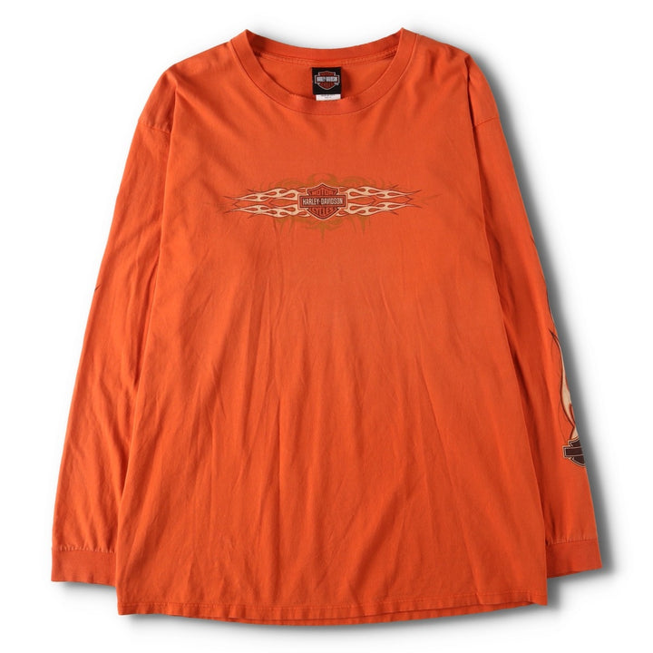 2000'S Harley-Davidson Pin-Up Girl Fire Pattern Long Sleeve T-Shirt, Made in USA, Men's Size XL cotton orange type Vintage Second Hand