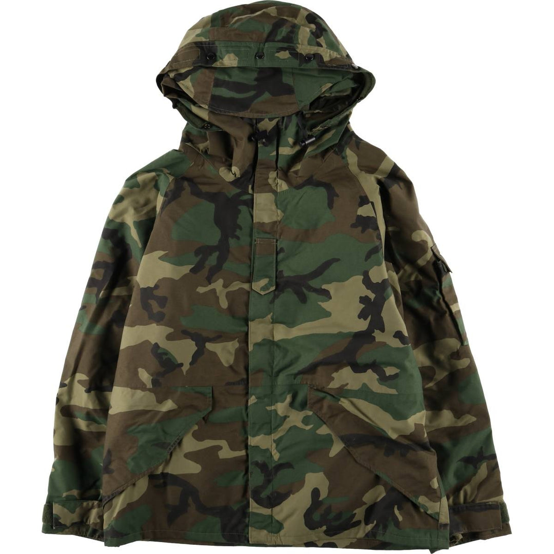 Authentic 1990'S US Military Camouflage Pattern Woodland Camo ECWCS 1st Gen Late Model Military Gore-Tex Parka, Made in USA, Medium Short Nylon Khaki type Vintage Second Hand