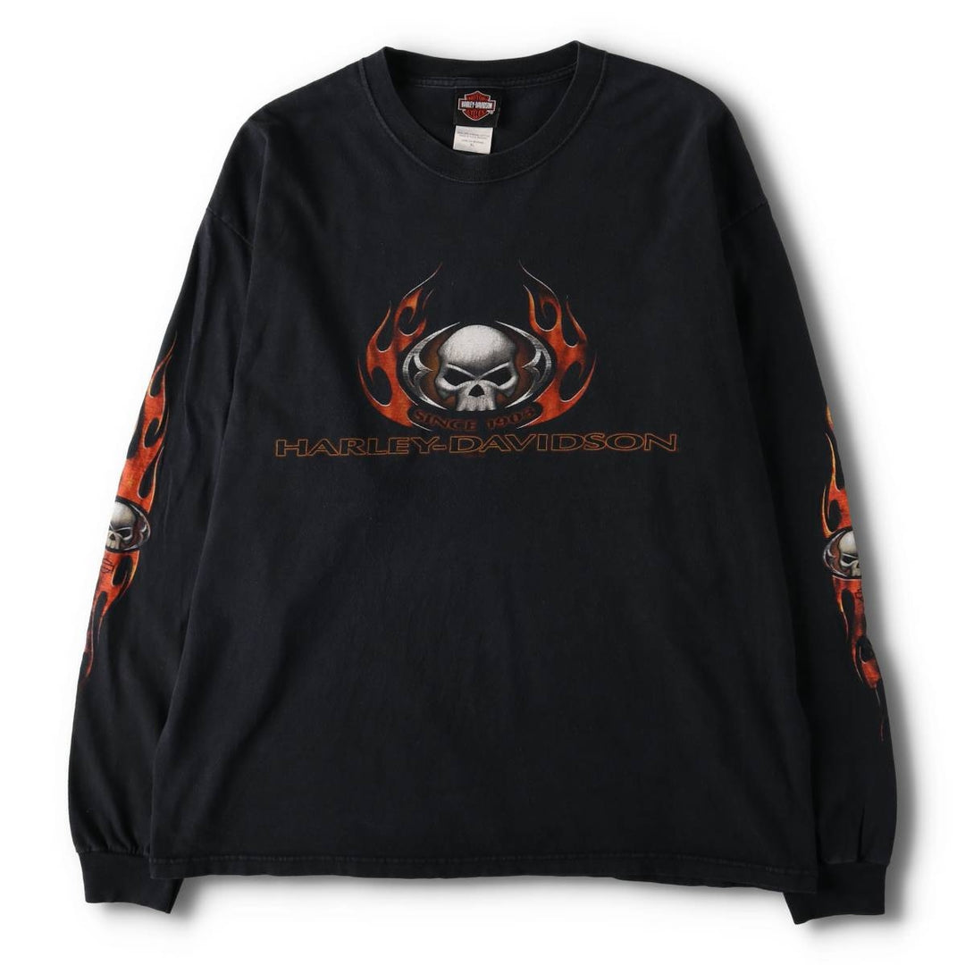 2000'S Harley-Davidson Skull Pattern Eagle Pattern Fire Pattern Long Sleeve T-Shirt, Made in USA, Men's Size XL cotton black type Vintage Second Hand