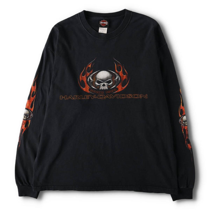 2000'S Harley-Davidson Skull Pattern Eagle Pattern Fire Pattern Long Sleeve T-Shirt, Made in USA, Men's Size XL cotton black type Vintage Second Hand