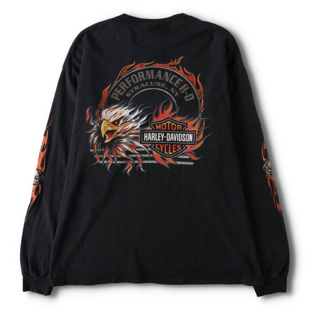 2000'S Harley-Davidson Skull Pattern Eagle Pattern Fire Pattern Long Sleeve T-Shirt, Made in USA, Men's Size XL cotton black type Vintage Second Hand