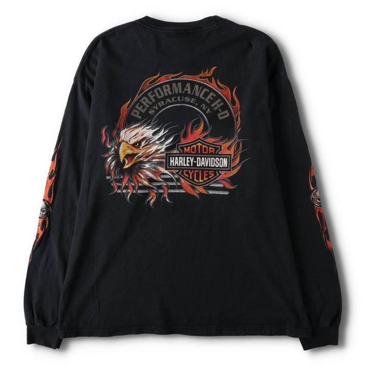 2000'S Harley-Davidson Skull Pattern Eagle Pattern Fire Pattern Long Sleeve T-Shirt, Made in USA, Men's Size XL cotton black type Vintage Second Hand