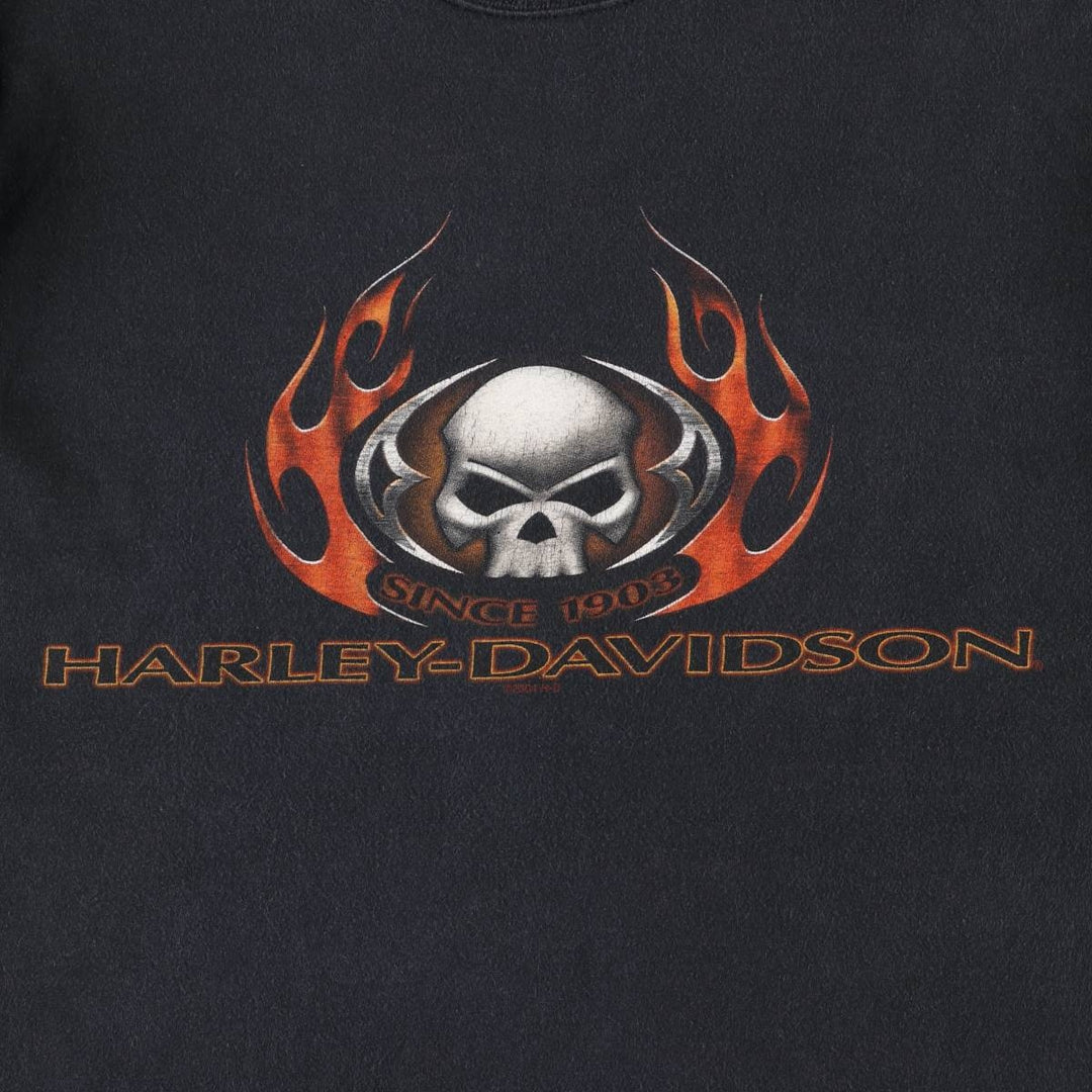 2000'S Harley-Davidson Skull Pattern Eagle Pattern Fire Pattern Long Sleeve T-Shirt, Made in USA, Men's Size XL cotton black type Vintage Second Hand