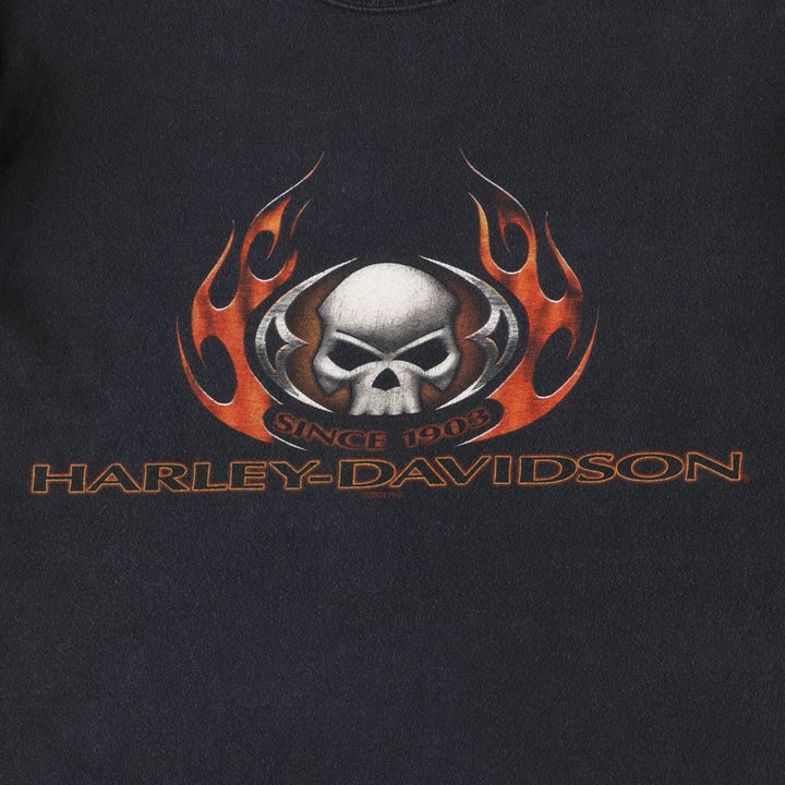 2000'S Harley-Davidson Skull Pattern Eagle Pattern Fire Pattern Long Sleeve T-Shirt, Made in USA, Men's Size XL cotton black type Vintage Second Hand