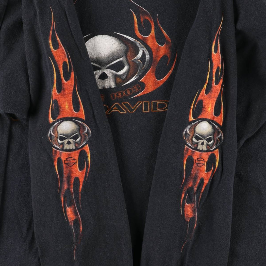 2000'S Harley-Davidson Skull Pattern Eagle Pattern Fire Pattern Long Sleeve T-Shirt, Made in USA, Men's Size XL cotton black type Vintage Second Hand