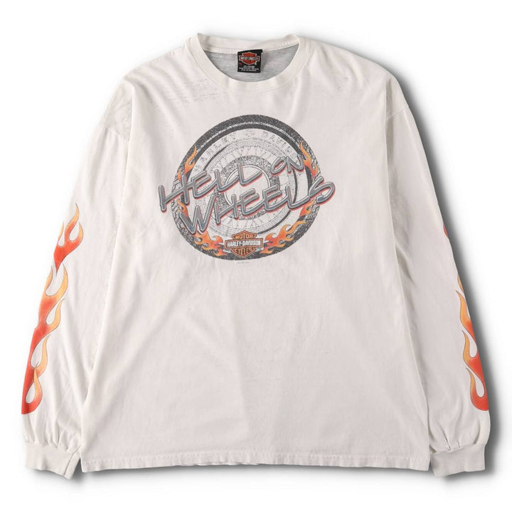 2000'S Harley-Davidson Fire Pattern Long Sleeve T-Shirt, Made in USA, Men's Size XL cotton white type Vintage Second Hand