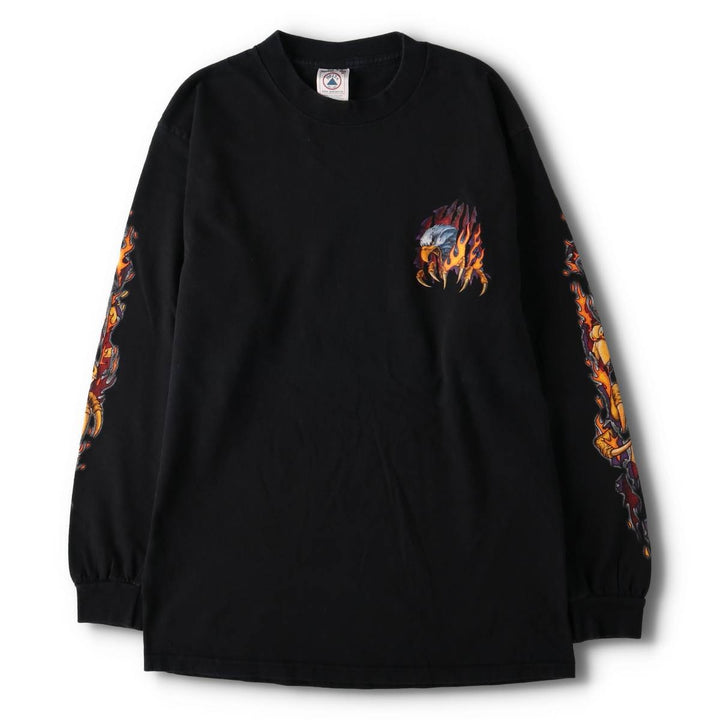 Vintage 90s-00'S Delta Pin-Up Girl Fire Pattern Eagle Pattern Long Sleeve T-Shirt, Men's Size Medium cotton black type Vintage Second Hand