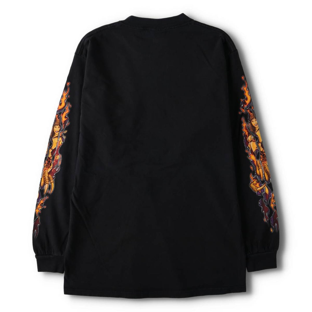Vintage 90s-00'S Delta Pin-Up Girl Fire Pattern Eagle Pattern Long Sleeve T-Shirt, Men's Size Medium cotton black type Vintage Second Hand
