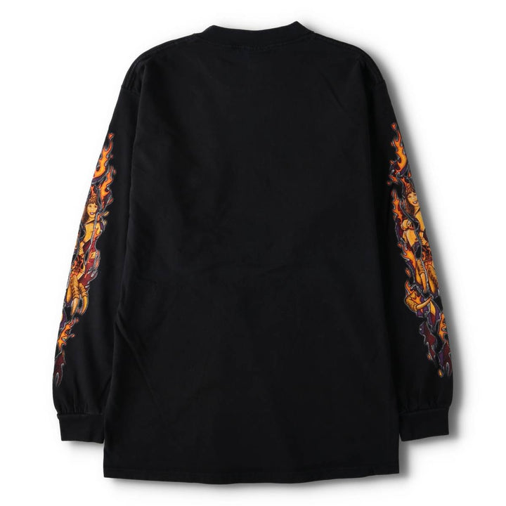 Vintage 90s-00'S Delta Pin-Up Girl Fire Pattern Eagle Pattern Long Sleeve T-Shirt, Men's Size Medium cotton black type Vintage Second Hand