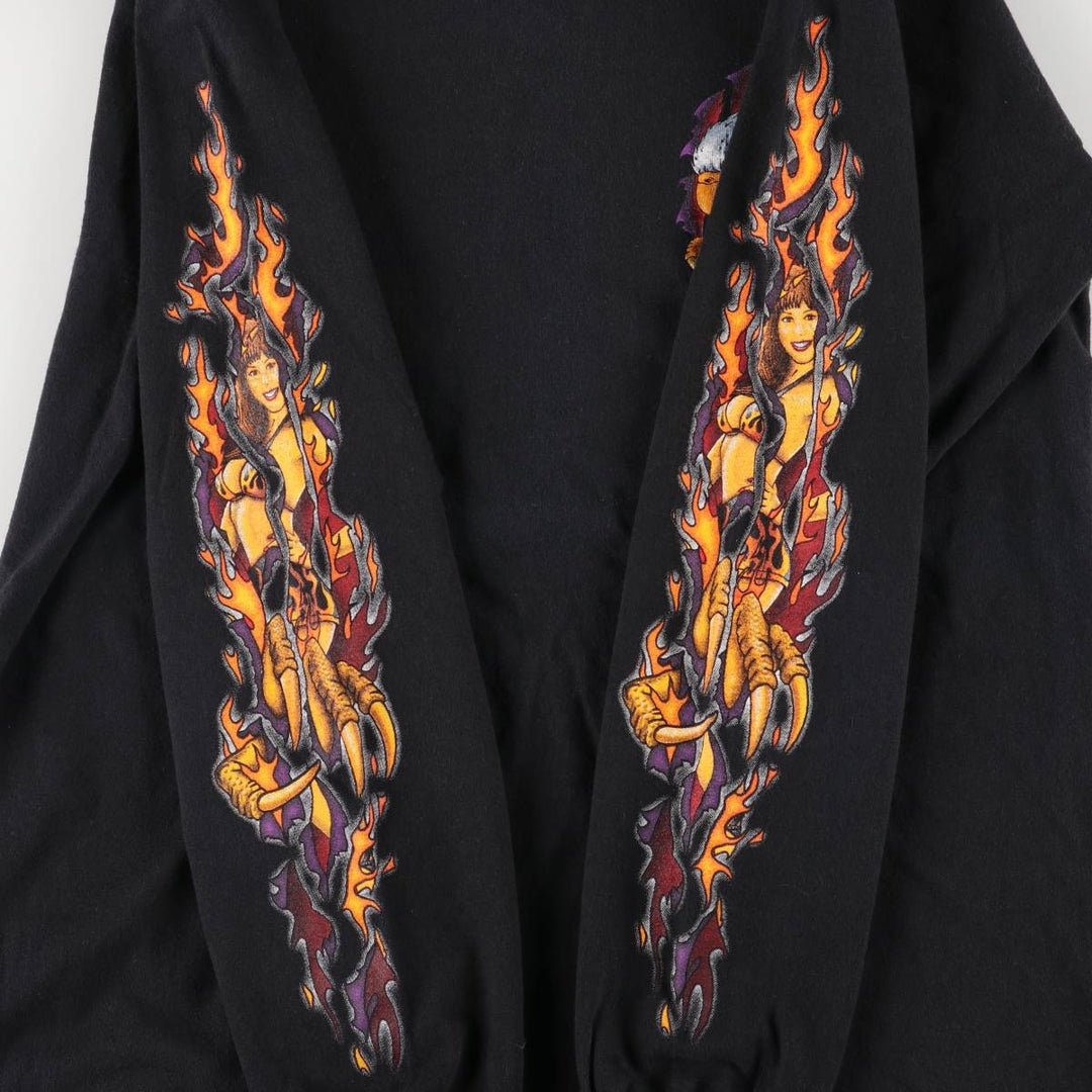 Vintage 90s-00'S Delta Pin-Up Girl Fire Pattern Eagle Pattern Long Sleeve T-Shirt, Men's Size Medium cotton black type Vintage Second Hand