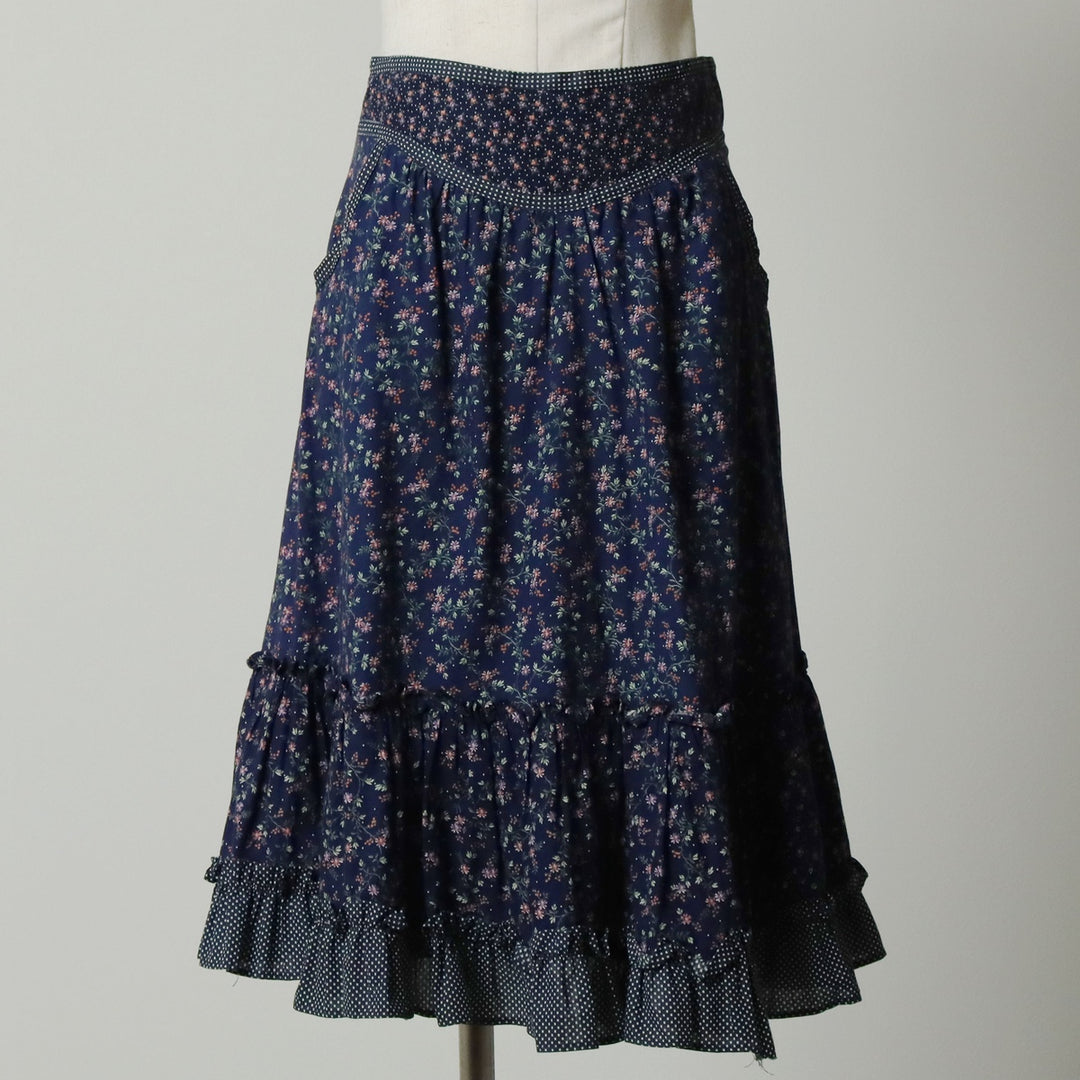 Vintage 1970'S Gunne Sax Gannies ruffled all-over print cotton half-length flared skirt, size M, women's cotton navy blue type Vintage Second Hand