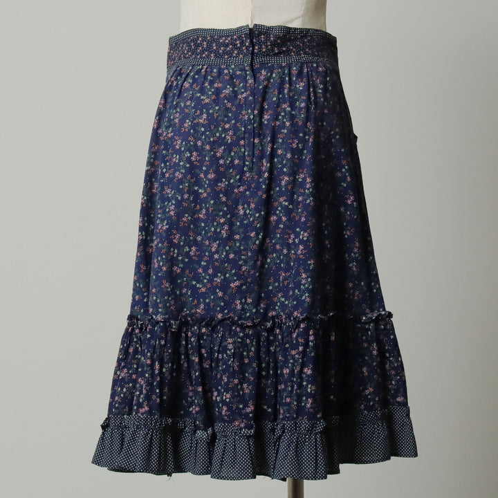 Vintage 1970'S Gunne Sax Gannies ruffled all-over print cotton half-length flared skirt, size M, women's cotton navy blue type Vintage Second Hand