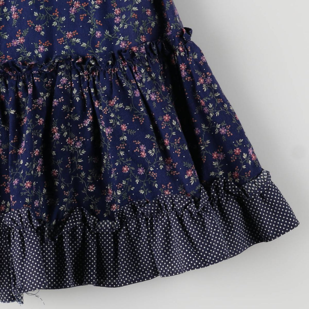 Vintage 1970'S Gunne Sax Gannies ruffled all-over print cotton half-length flared skirt, size M, women's cotton navy blue type Vintage Second Hand