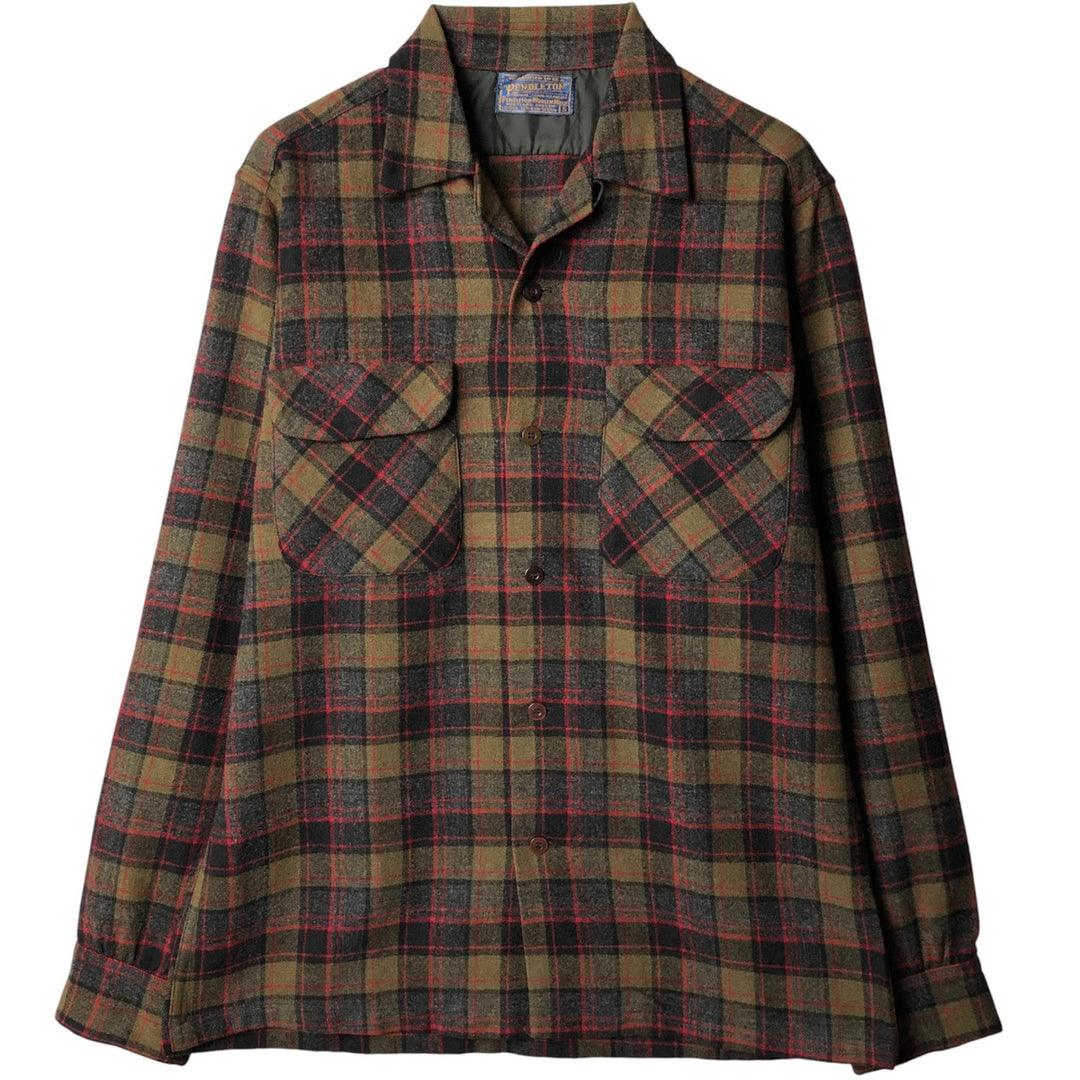 1950'S Pendleton Check Pattern Board Shirt, Open Collar, Long Sleeve, Wool, Box Shirt, Men's Size Small wool brown type Vintage Second Hand
