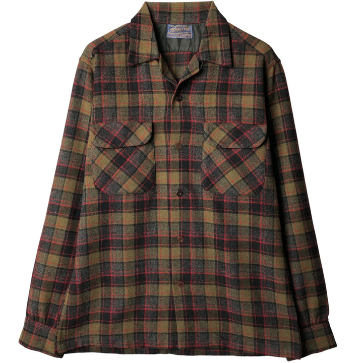 1950'S Pendleton Check Pattern Board Shirt, Open Collar, Long Sleeve, Wool, Box Shirt, Men's Size Small wool brown type Vintage Second Hand