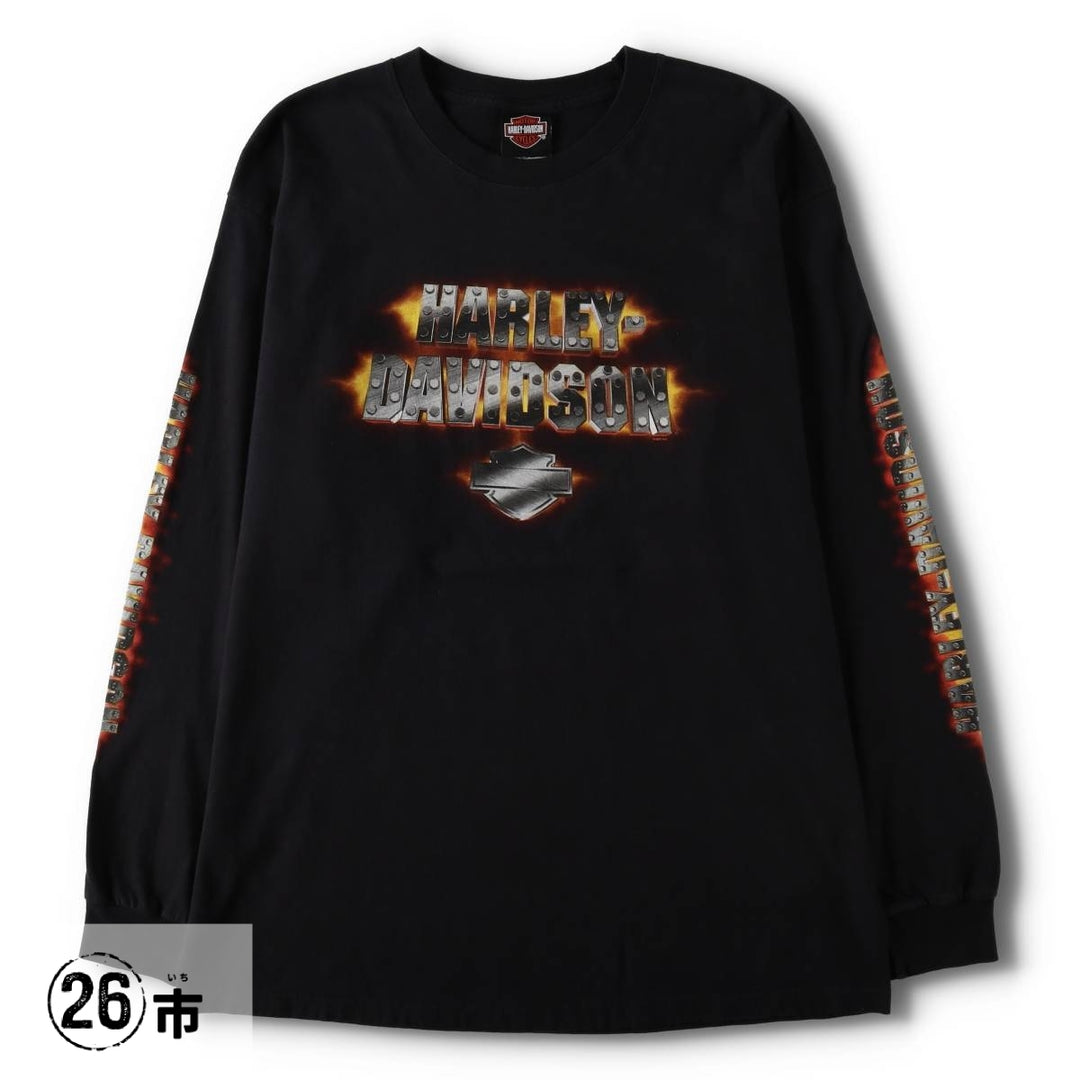 2000'S Harley-Davidson Fire Pattern Motorcycle Long-Sleeve T-Shirt (Men's XL equivalent) cotton black type Vintage Second Hand
