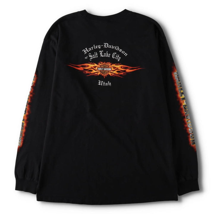 2000'S Harley-Davidson Fire Pattern Motorcycle Long-Sleeve T-Shirt (Men's XL equivalent) cotton black type Vintage Second Hand