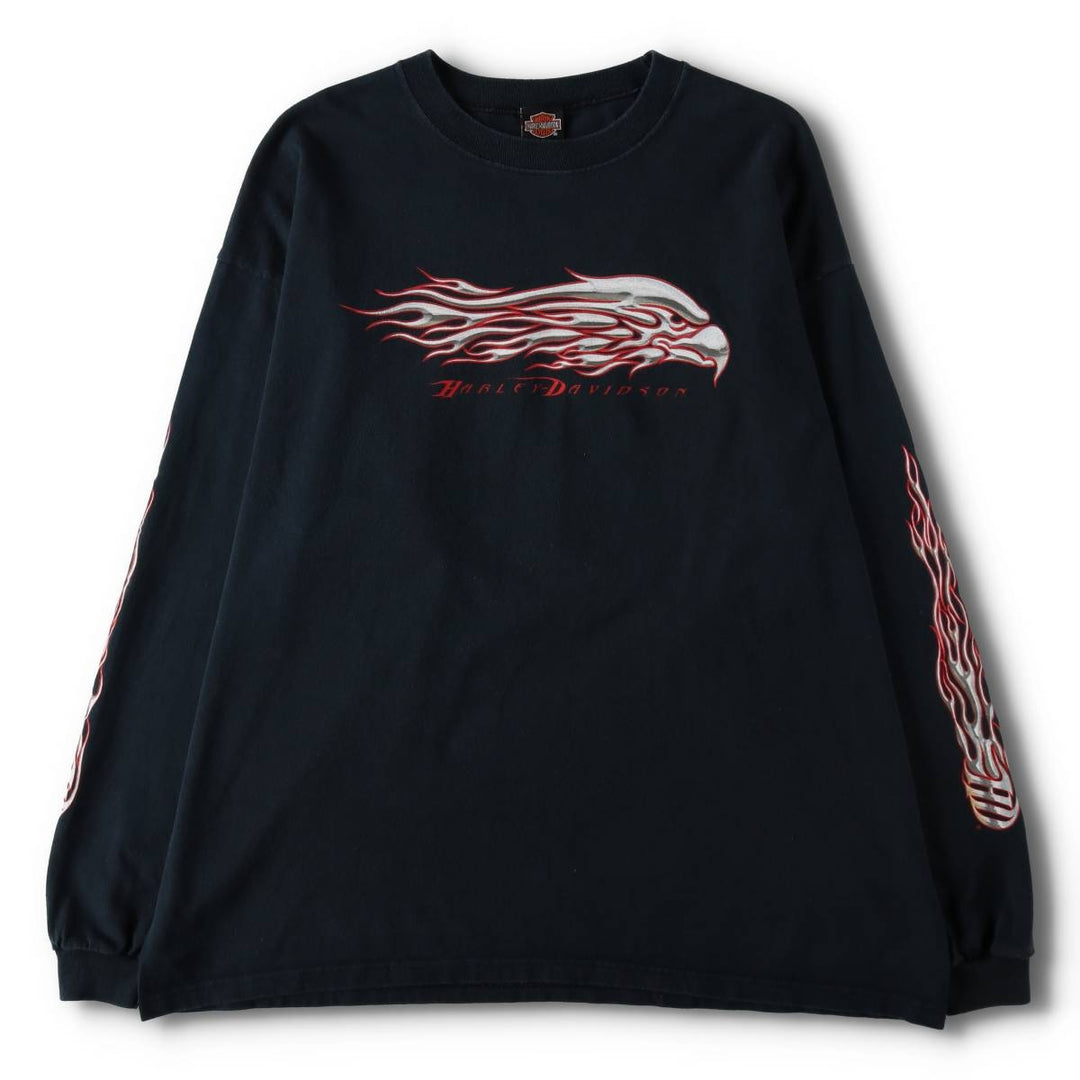 2000'S Harley-Davidson Fire Pattern Eagle Pattern Motorcycle Long-Sleeve T-Shirt, Made in USA, Men's XXL equivalent. cotton black type Vintage Second Hand