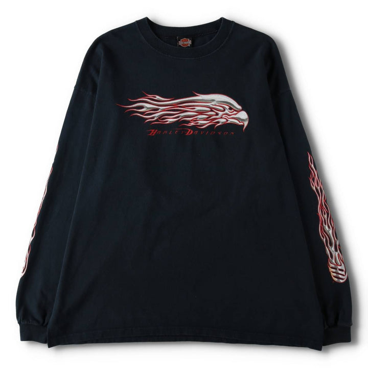 2000'S Harley-Davidson Fire Pattern Eagle Pattern Motorcycle Long-Sleeve T-Shirt, Made in USA, Men's XXL equivalent. cotton black type Vintage Second Hand