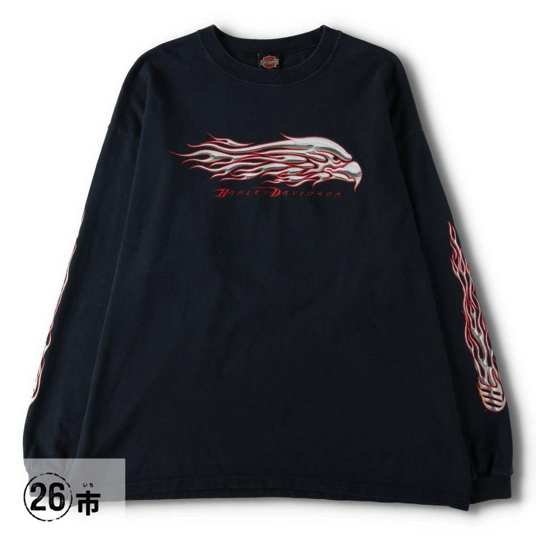 2000'S Harley-Davidson Fire Pattern Eagle Pattern Motorcycle Long-Sleeve T-Shirt, Made in USA, Men's XXL equivalent. cotton black type Vintage Second Hand