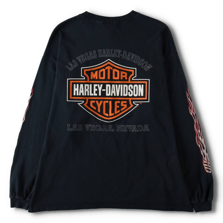 2000'S Harley-Davidson Fire Pattern Eagle Pattern Motorcycle Long-Sleeve T-Shirt, Made in USA, Men's XXL equivalent. cotton black type Vintage Second Hand
