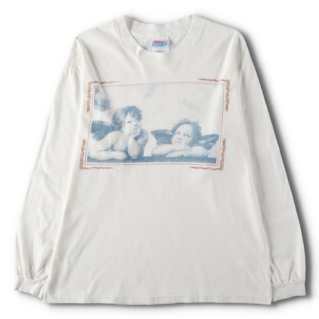 90s-00'S Hanes BEEFY-T Blue Tag Sistine Madonna Raphael Long-Sleeve T-Shirt (Men's Size L) cotton white type Vintage Second Hand