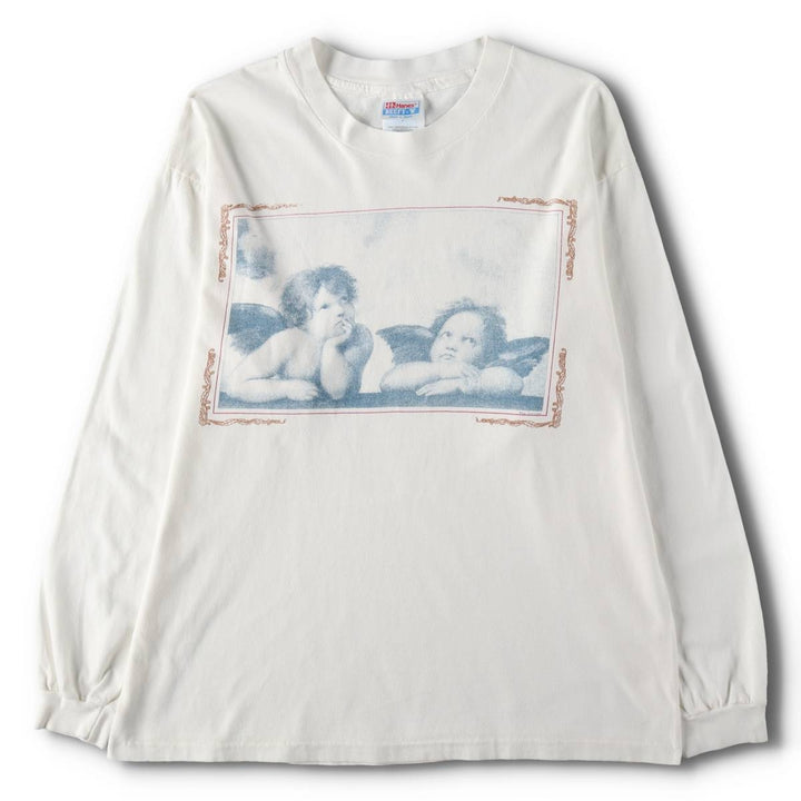90s-00'S Hanes BEEFY-T Blue Tag Sistine Madonna Raphael Long-Sleeve T-Shirt (Men's Size L) cotton white type Vintage Second Hand