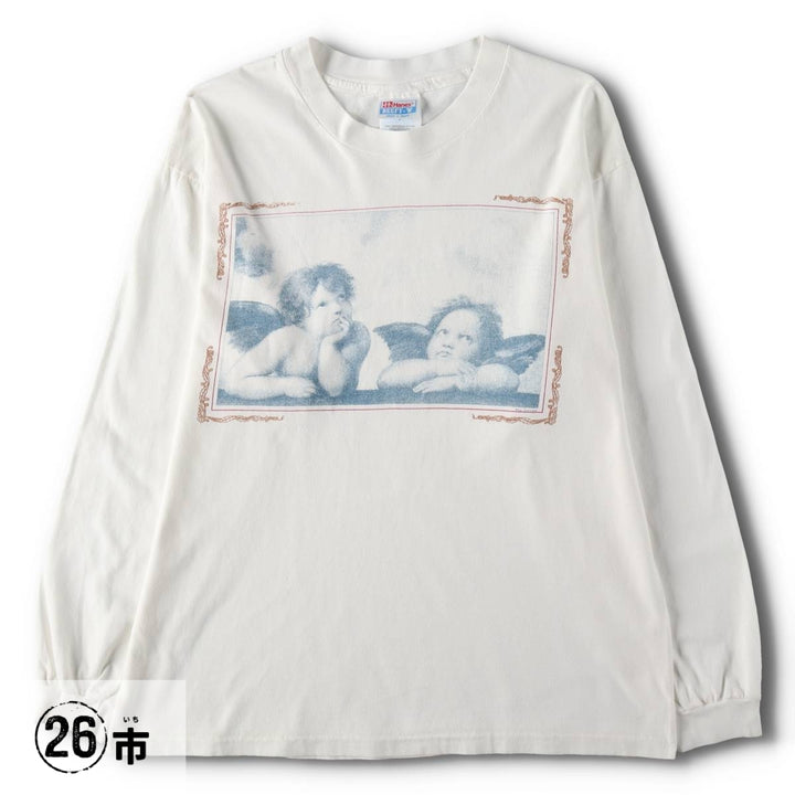 90s-00'S Hanes BEEFY-T Blue Tag Sistine Madonna Raphael Long-Sleeve T-Shirt (Men's Size L) cotton white type Vintage Second Hand