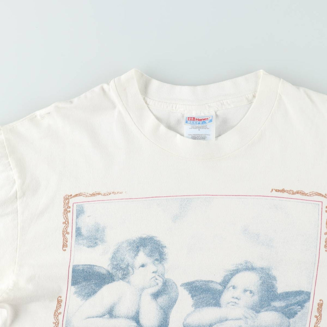 90s-00'S Hanes BEEFY-T Blue Tag Sistine Madonna Raphael Long-Sleeve T-Shirt (Men's Size L) cotton white type Vintage Second Hand