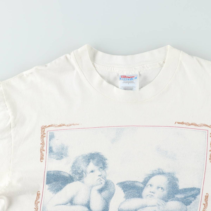 90s-00'S Hanes BEEFY-T Blue Tag Sistine Madonna Raphael Long-Sleeve T-Shirt (Men's Size L) cotton white type Vintage Second Hand