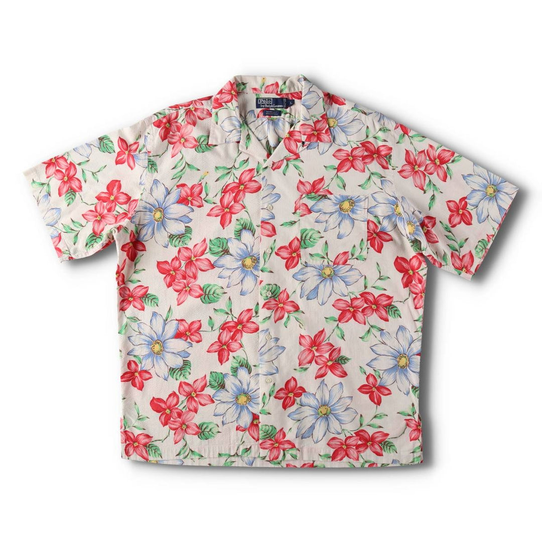 Ralph Lauren POLO by Ralph Lauren BERKLEY Floral Seersucker Hawaiian Aloha Shirt, Boxy Shirt, Men's Size L (approx.) cotton ivory Vintage Second Hand