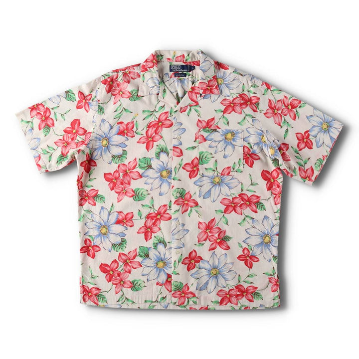 Ralph Lauren POLO by Ralph Lauren BERKLEY Floral Seersucker Hawaiian Aloha Shirt, Boxy Shirt, Men's Size L (approx.) cotton ivory Vintage Second Hand