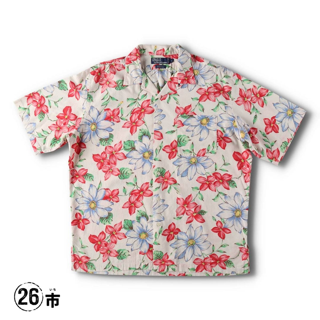 Ralph Lauren POLO by Ralph Lauren BERKLEY Floral Seersucker Hawaiian Aloha Shirt, Boxy Shirt, Men's Size L (approx.) cotton ivory Vintage Second Hand