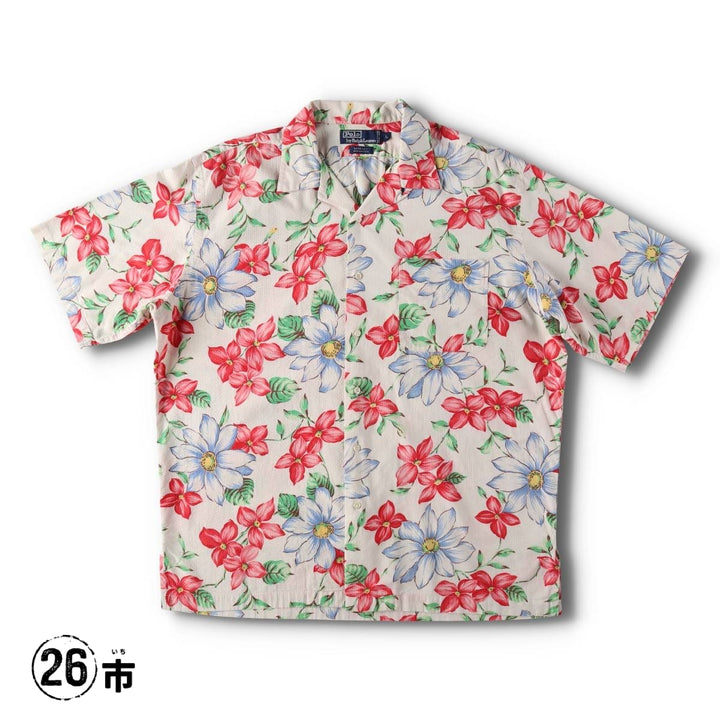 Ralph Lauren POLO by Ralph Lauren BERKLEY Floral Seersucker Hawaiian Aloha Shirt, Boxy Shirt, Men's Size L (approx.) cotton ivory Vintage Second Hand